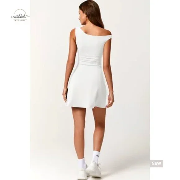 One Shoulder Tennis Dress with Built-in Shorts and Pockets, Athletic Mini Dress - Picture 2 of 5